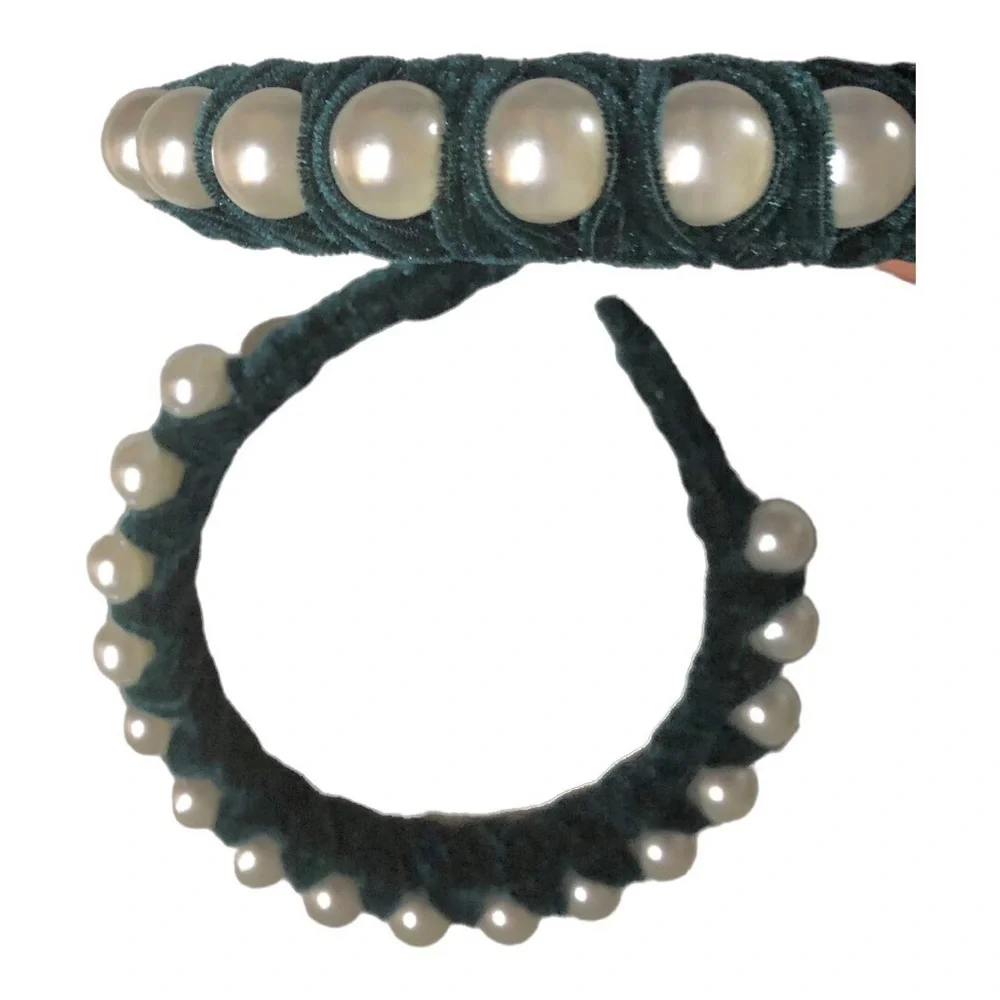 2 pack Green velvet oversized pearl‎ adorned embellished headband new